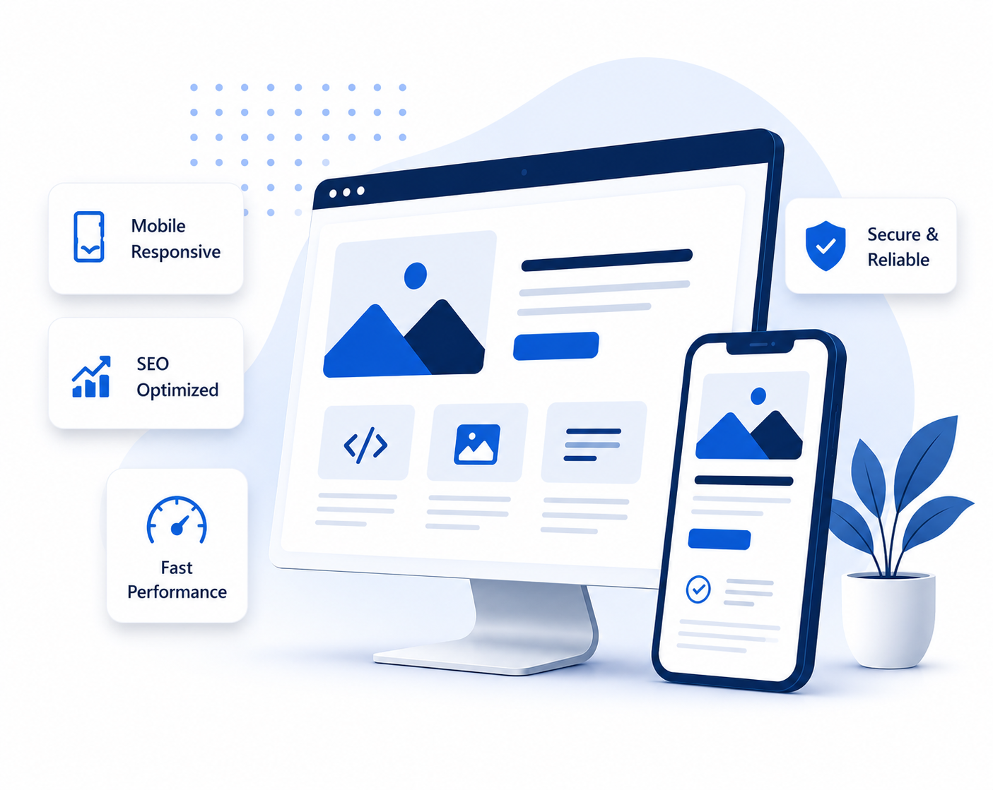 Responsive website preview on desktop and mobile with feature highlights